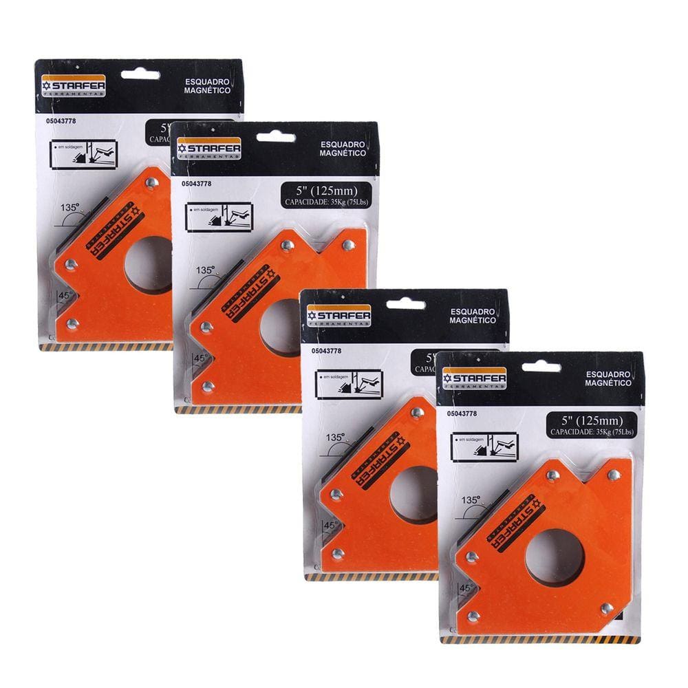 Kit 4 Esquadro Magnético 35kg Starfer 5 Pol. (125mm) Starfer