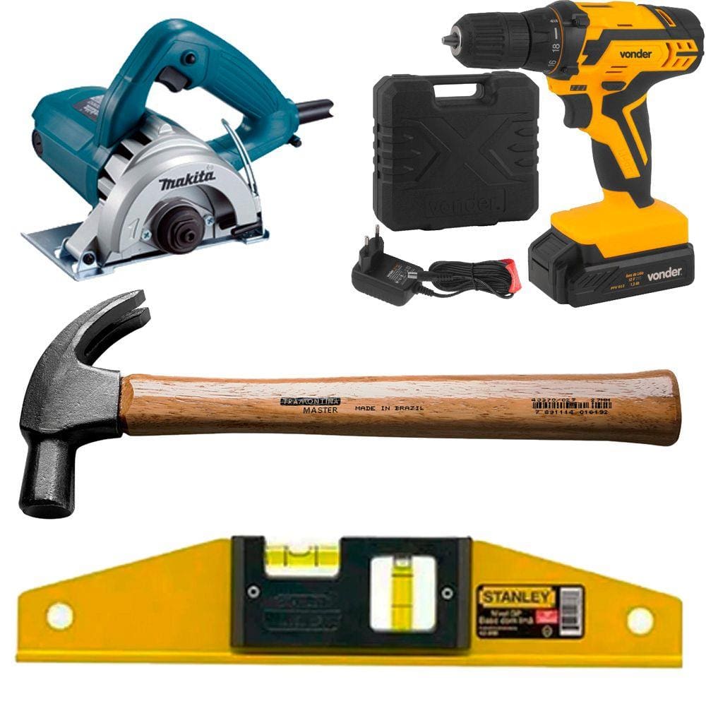 Kit Parafusadeira pfv012 + Nível Alumínio + Serra Mármore + Martelo
