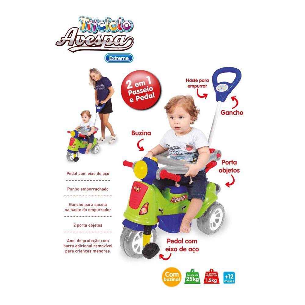 Triciclo Infantil Retrô Avespa Com Empurrador Colorido