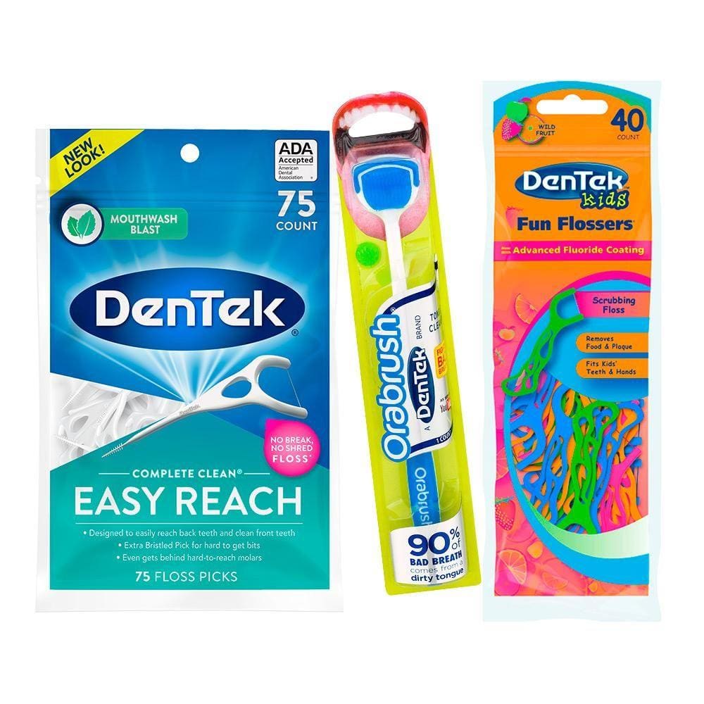 Kit Dentek Escova de Língua Orabrush + Fio Dental Easy Reach c/ 75 un + Fio Dental Kids Fun c/ 40 un