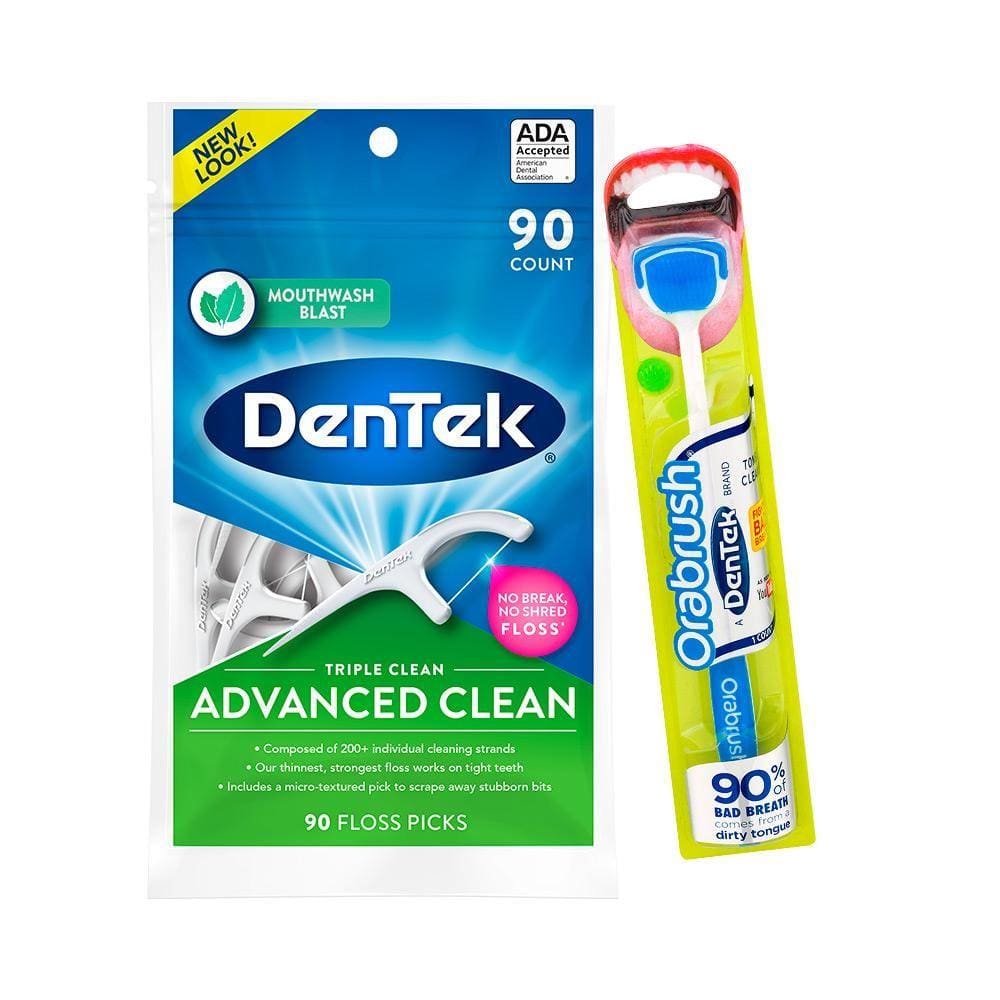 Kit Dentek Escova e Limpador de Língua Orabrush + Fio Dental Floss Picks Triple Clean Adv c/ 90 un