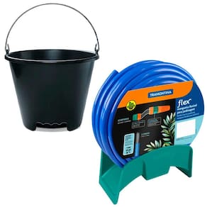 Kit Mangueira Flex PVC 20m Com Suporte + Balde 12 L Preto