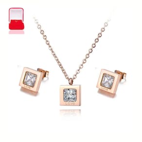 Conjunto Luxo Colar E Brinco Love Banho Ouro Rosê Cristal Cz