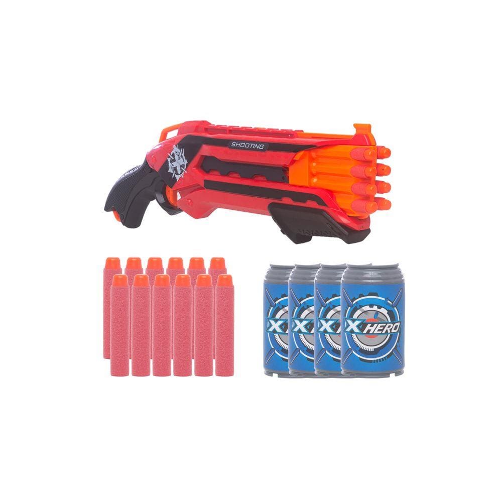 Brinquedo Espingarda Hero Vermelha 12 Dardos e 4 latinhas