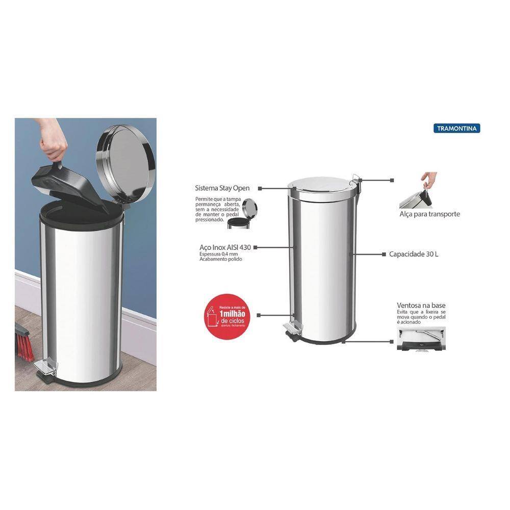 Lixeira Inox 30 Litros com Pedal Tramontina - Prata