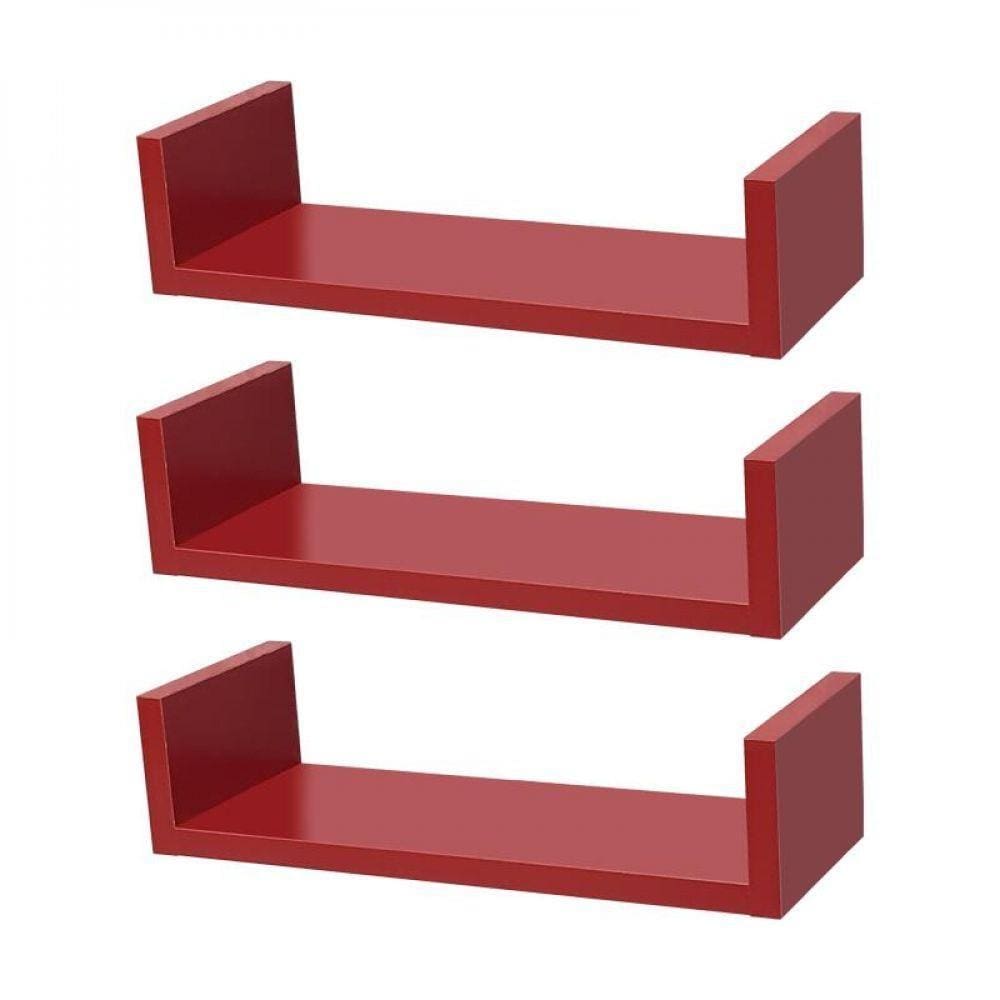 Kit 3 Prateleiras U 40 X 15cm Vermelha Suporte Invisível