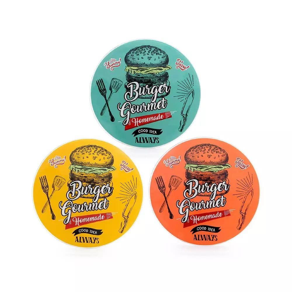 Conjunto de Pratos Lanche Burguer Decorglass com 3 Peças