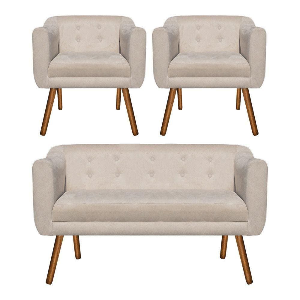 Kit 01 Namoradeira E 02 Poltronas Julia Suede Bege