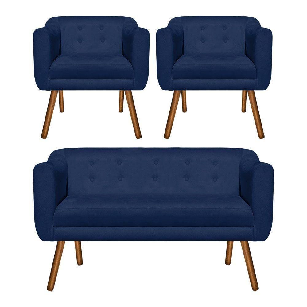 Kit 01 Namoradeira E 02 Poltronas Julia Suede Azul Marinho
