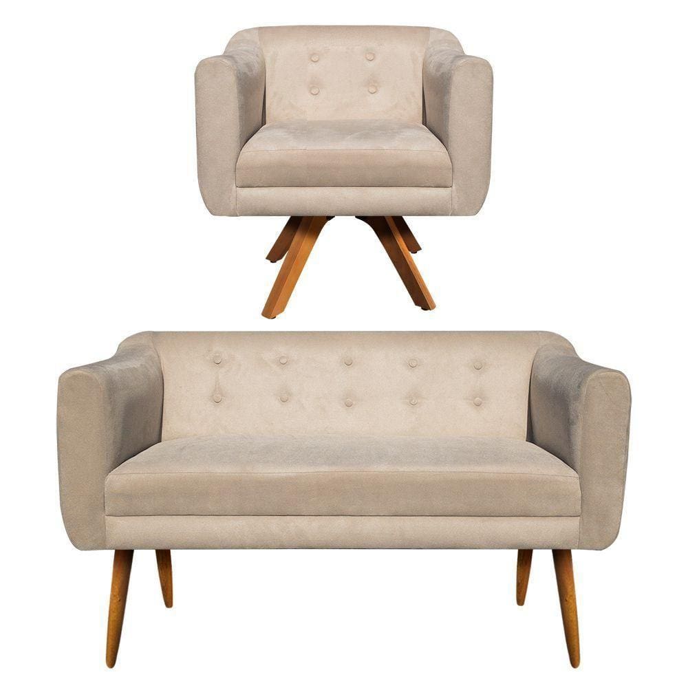 Kit 1 Namoradeira e 1 Poltrona Giratória Julia Suede Bege