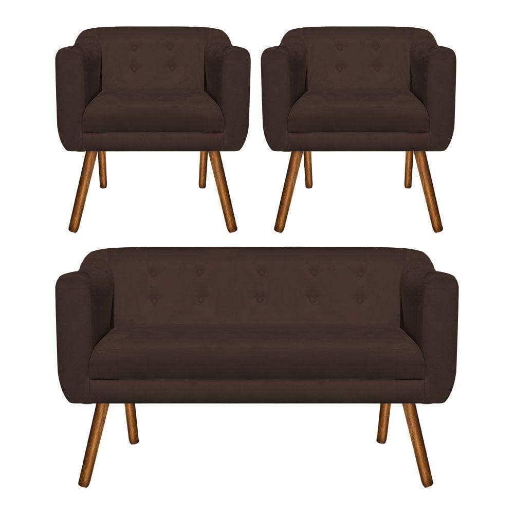 Kit 01 Namoradeira E 02 Poltronas Julia Suede Marrom