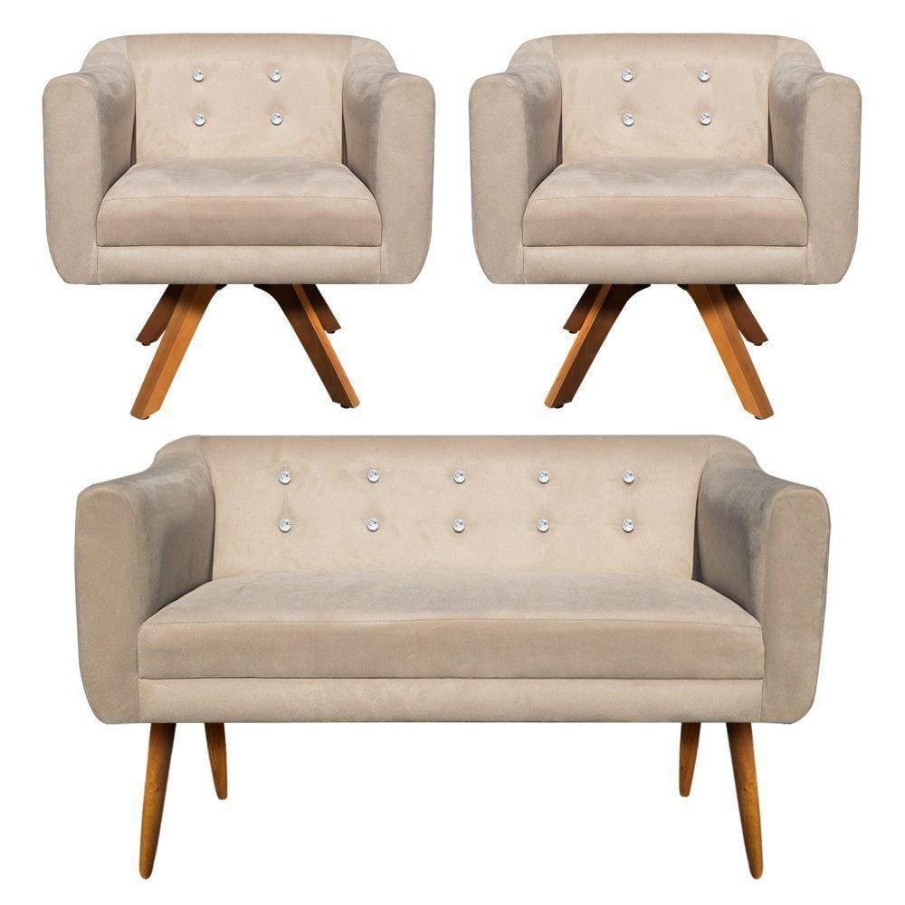 Kit 01 Namoradeira E 02 Poltronas Julia Suede Bege