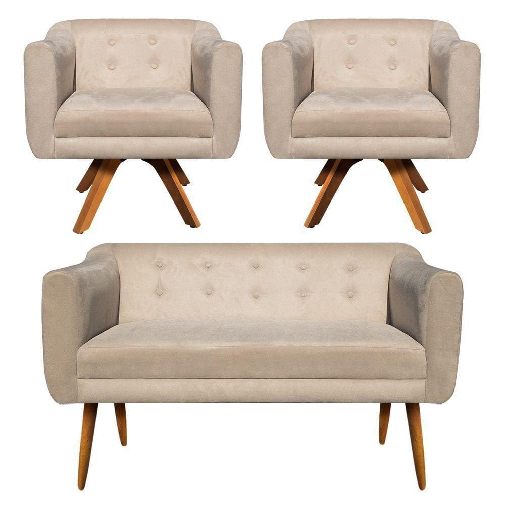 Kit 01 Namoradeira E 02 Poltronas Julia Suede Bege