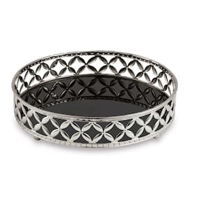 Bandeja Redonda em Metal Prata Com Espelho Preto 5x24,5 Cm
