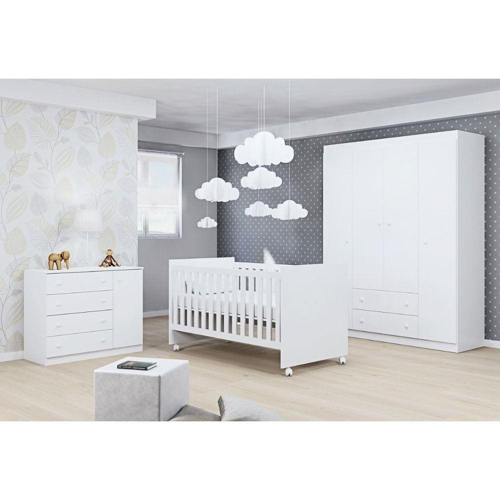 Jogo de Quarto Infantil Completo Nuvem com Guarda Roupa 4 Portas, Cômoda 1  Porta e Berço Branco - Phoenix Baby - Móveis para Quarto - Magazine Luiza