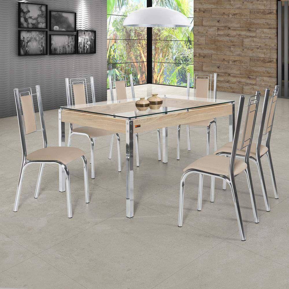 Conjunto de Mesa de Jantar com Tampo de Vidro Arredondado e 4 Cadeiras  Estofadas Studio Linho Off White e Bege Claro 160 cm