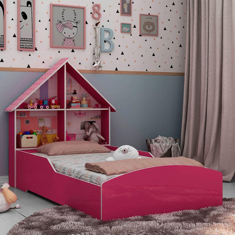 Mini cama Juvenil Infantil Gatinho Branca/Rosa Com Colchão - Móveis Bela