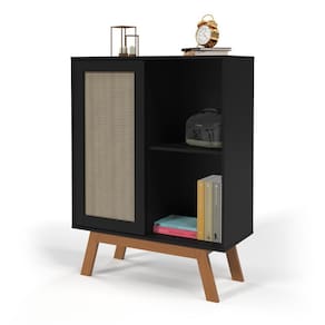 Balcao Alto Aparador Buffet com Porta de Correr Rattan pés em Madeira Preto Ofertamo