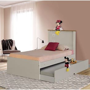 Cama Solteiro Barcelona Off White e Madeira com Cama Auxiliar - Tebarrot