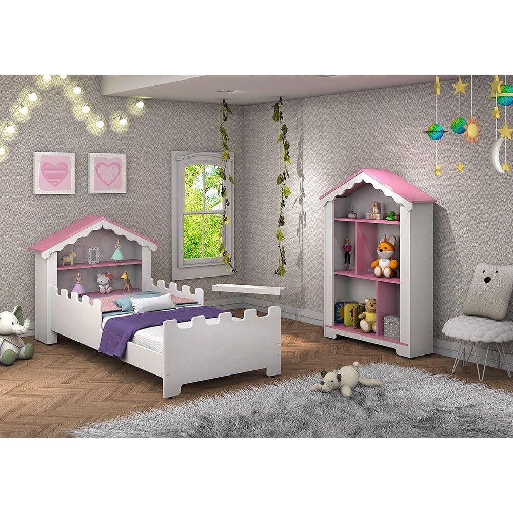 Conjunto de quarto Princesa com cama e estante Branco/Rosa - Vitamov