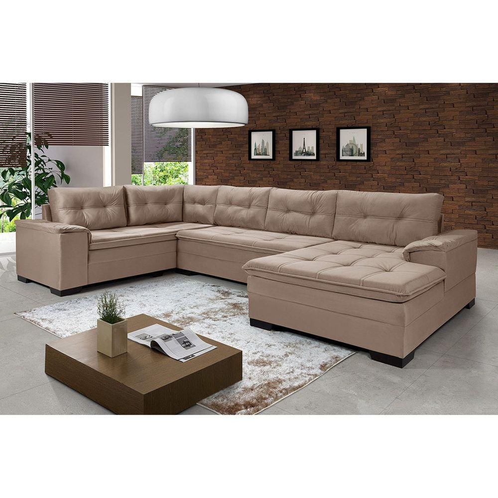 Sofá de Canto 6 Lugares Com Chaise Suede Aveludado Viena Império Estofados Chocolate
