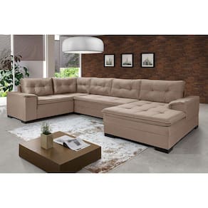 Sofá de Canto 6 Lugares Com Chaise Suede Aveludado Viena Império Estofados Chocolate