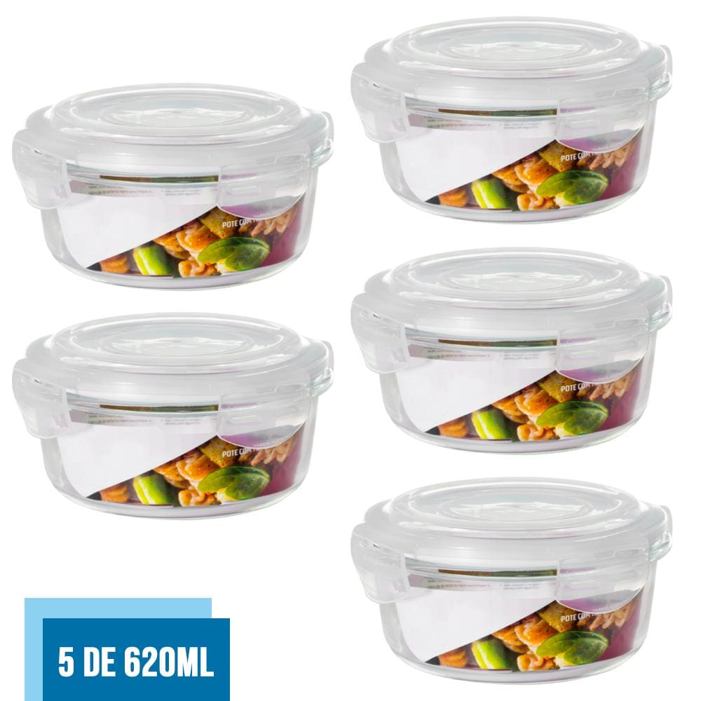 Jogo 5 Potes Vidro Hermético 4 Travas Redondo 620ml Marmita