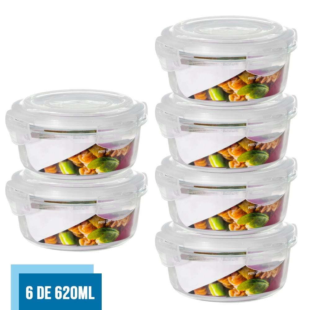 Jogo 6 Potes Vidro Hermético 4 Travas Redondo 620ml Marmita