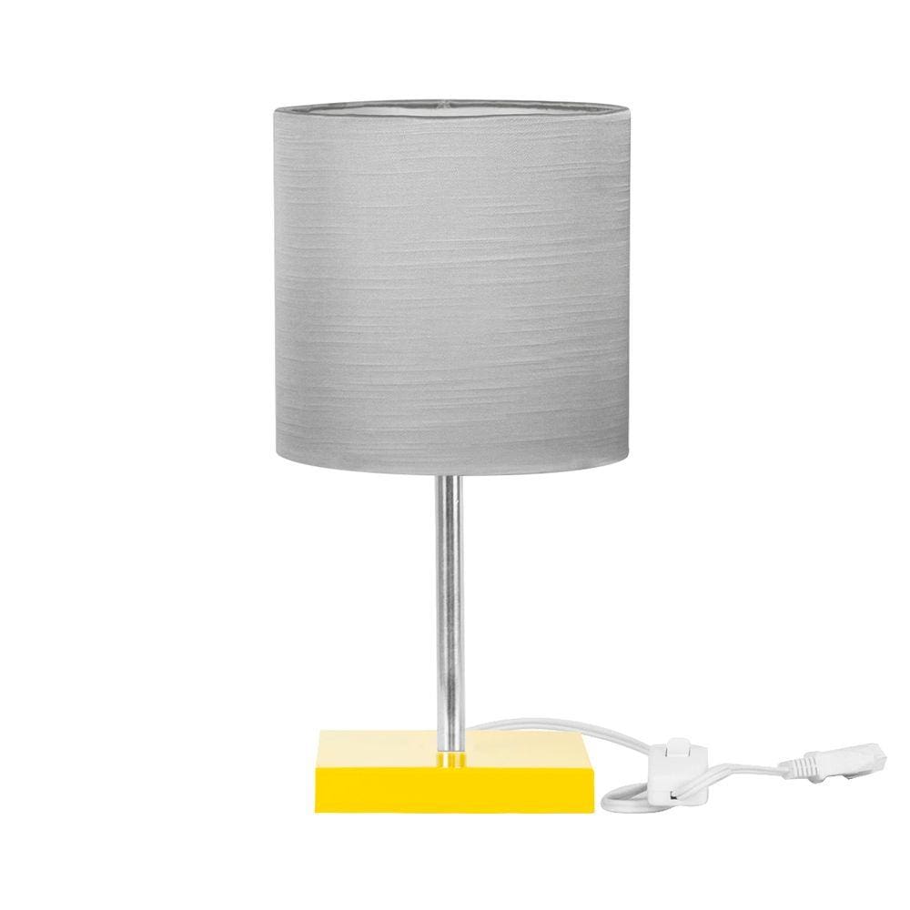 Abajur Eros Cilindrico Shantung Cinza030 Base Amarela Quadr.