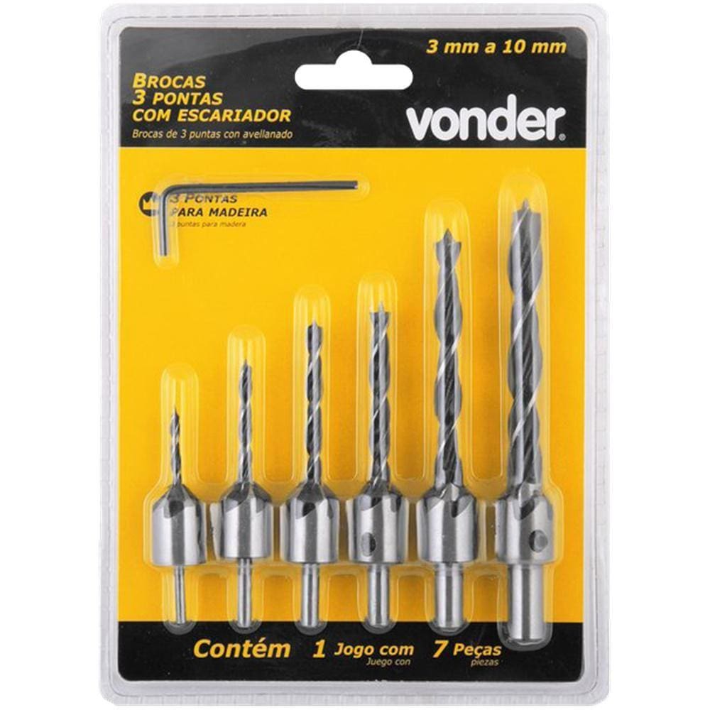 Jogo Com 7 Brocas 3 Pontas Com Escariador Madeira Vonder