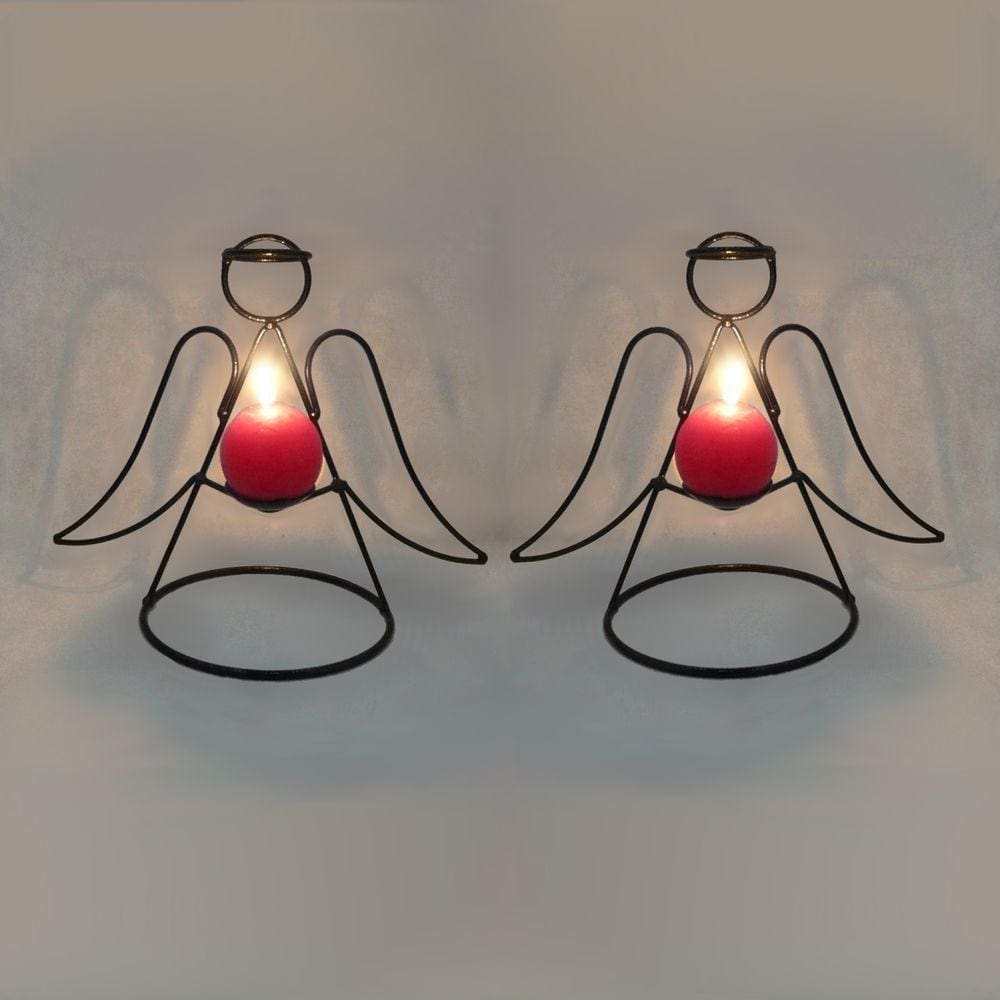 Par Anjos Decorativo Castiçal Vermelha Decoração Natal Ceia