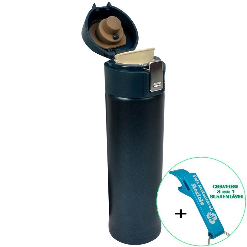Garrafa de Água Aço Inox com Vedação 400 ml Azul + Chaveiro CBRN18581