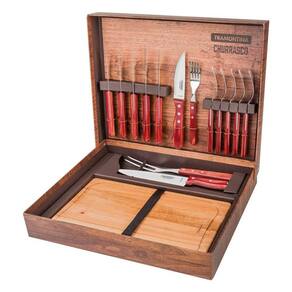 Kit para Churrasco Tramontina Lâminas Aço Inox  Cabos em Madeira Polywood Vermelho  15 Peças Tramontina