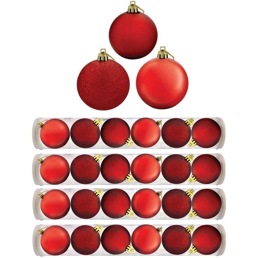 Kit Bola De Natal Mista Gliter, Fosca, Brilho Vermelha 24 Unidades 8cm - Magizi