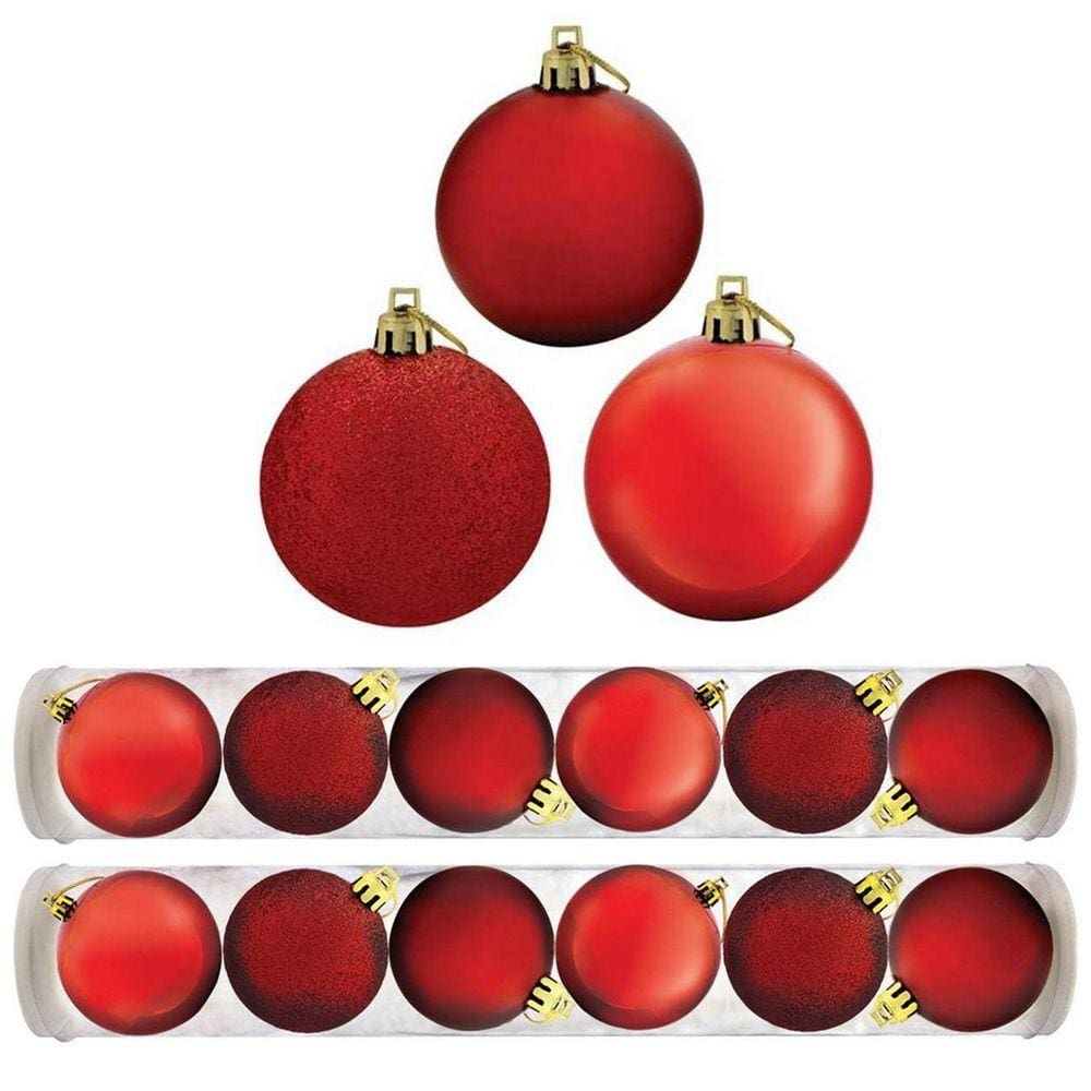 Kit Bola De Natal Mista Gliter, Fosca, Brilho Vermelha 12 Unidades 8cm - Magizi