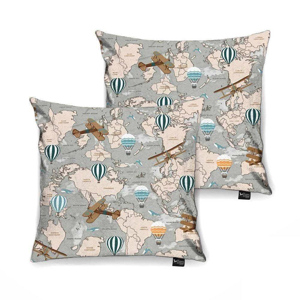 Kit 2 Capas Almofada Tecido Estampado Mapa Mundi D75