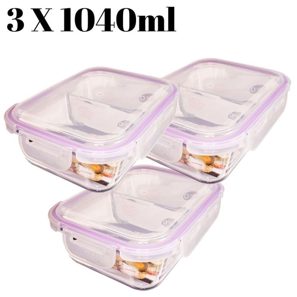 Conjunto Com 3 Potes 1040ml Divisória Hermético Marmita