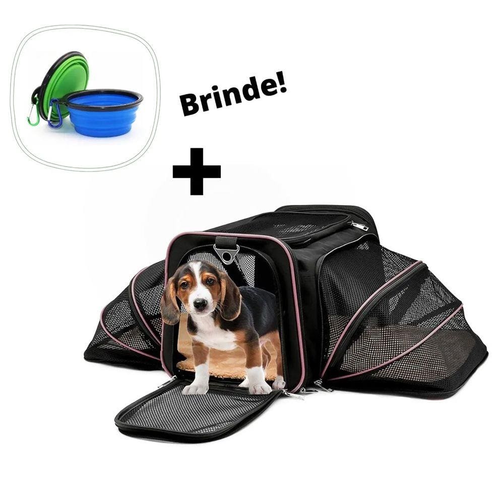Bolsa Pet Expansível Transporte Viagem Rosa + Comedouro