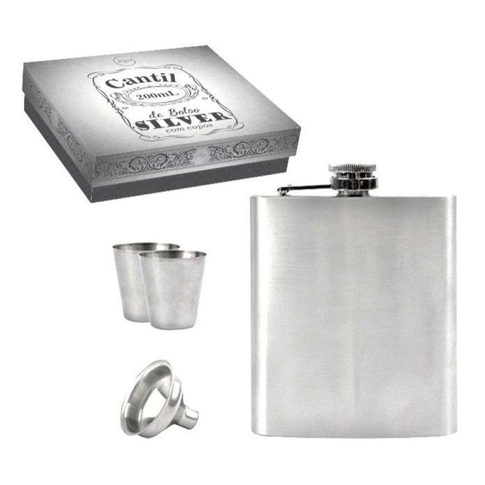 Kit Cantil 200M Inox 2 Copos 1 Funil Porta Bebida De Bolso