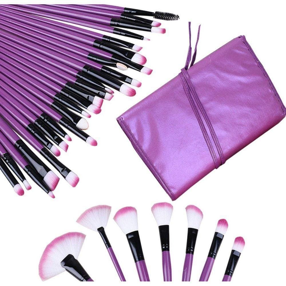 Kit Pincéis Maquiagem 32 Peças Estojo Organizador Roxo