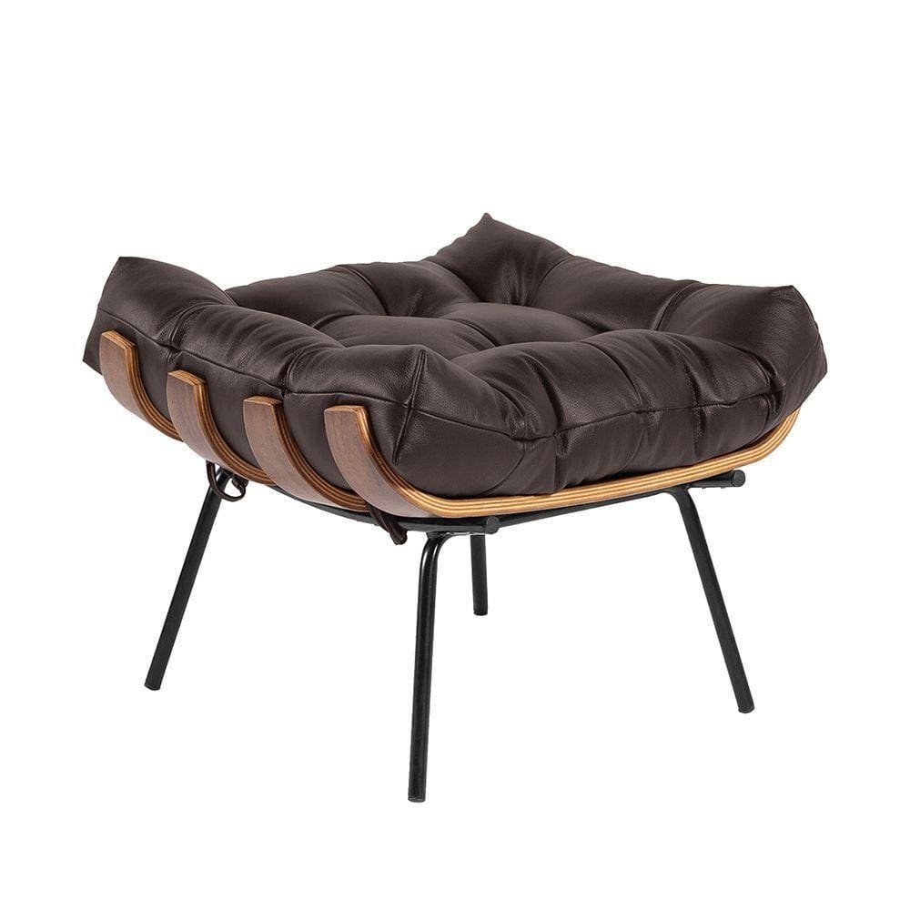 Puff Costela Couro Legítimo Base Metal Preto Marrom