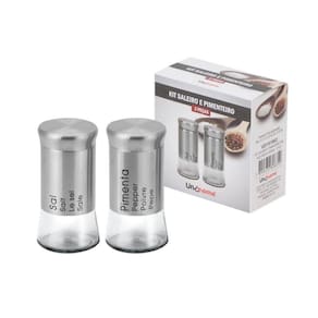 Kit 2 peças Saleiro Pimenteiro em Aço Inox 5,5x11cm.