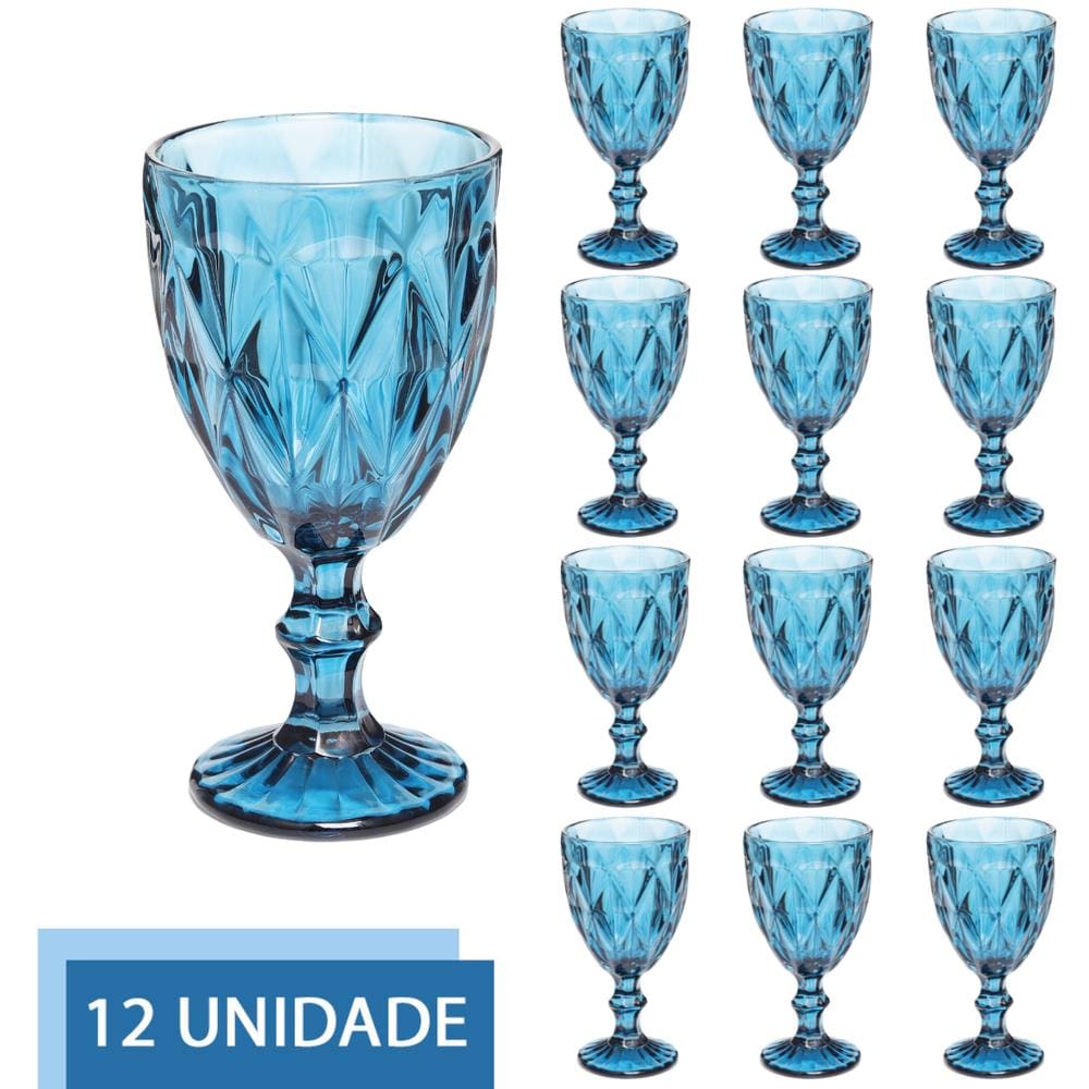 Conjunto 12 Copos Azul Taças Diamante Para Agua Vinho 300ml