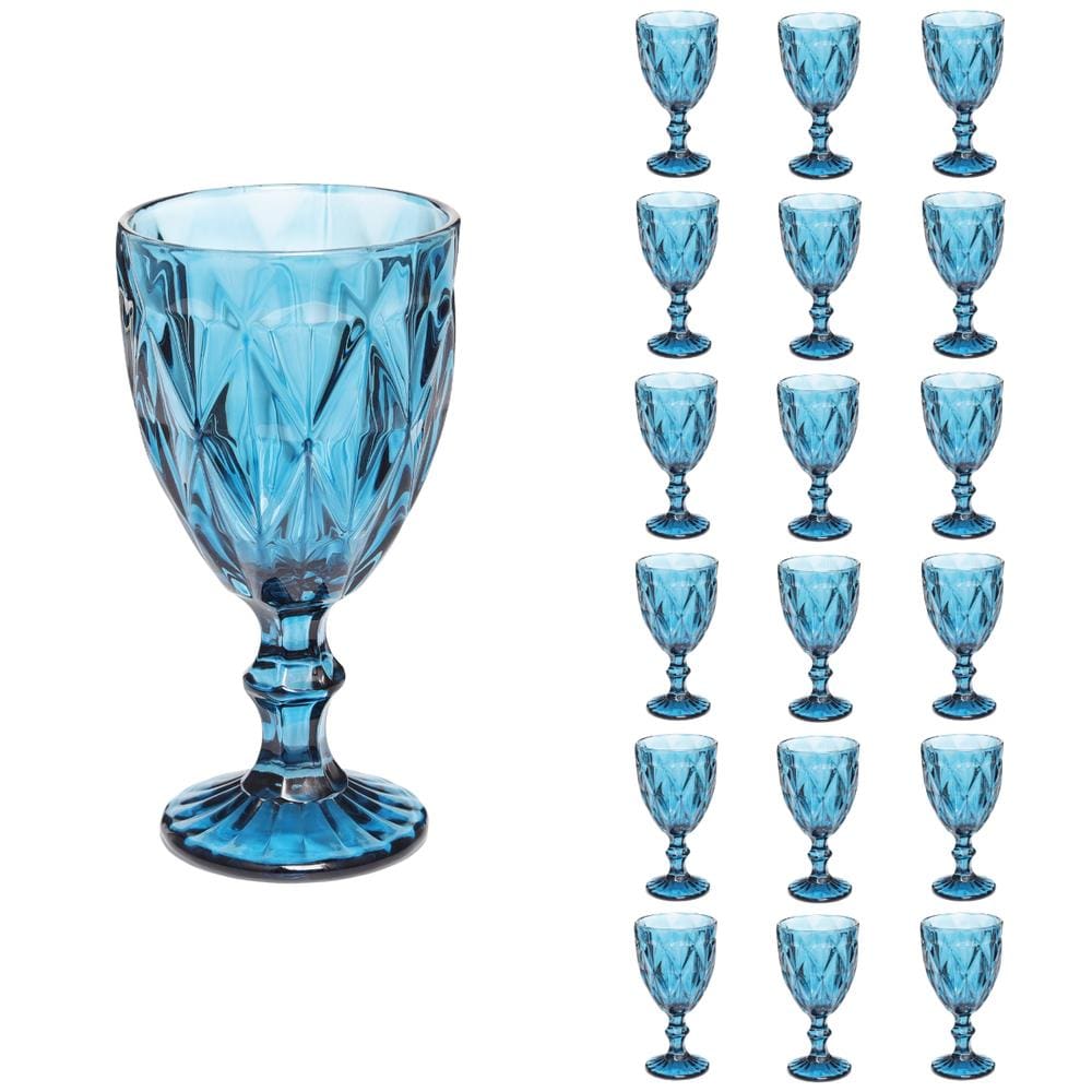 Taças Diamante Copos Vidro Azul Bico De Jaca 300ml - 18Un