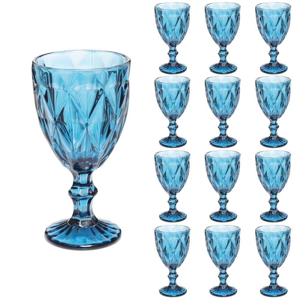 Taças Diamante Copos Vidro Azul Bico De Jaca 300ml - 12Un