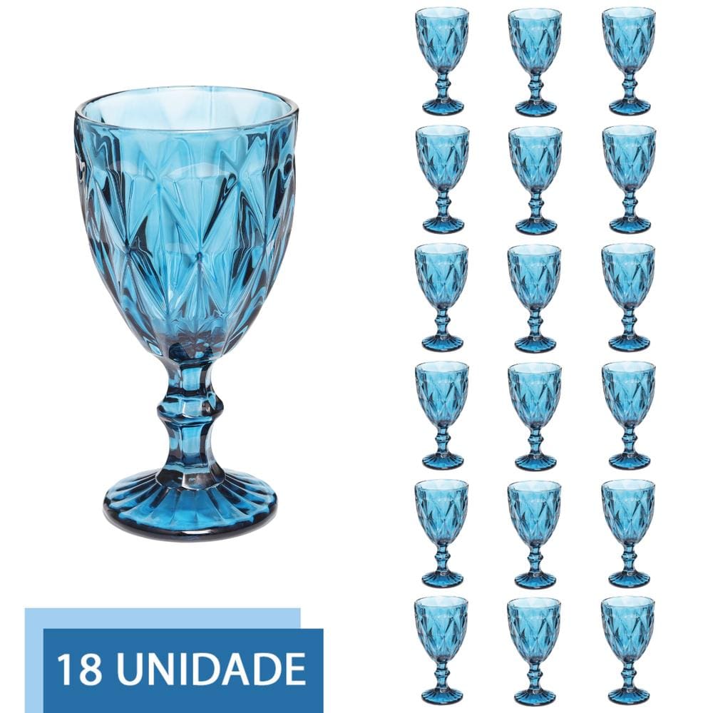 Conjunto 18 Copos Azul Taças Diamante Para Agua Vinho 300ml