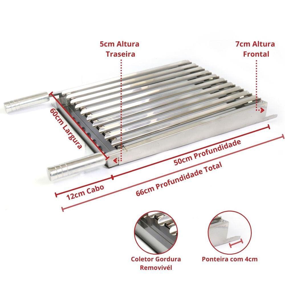 Grelha Argentina Inox 66x60 C/Ponteira Parrilla Gaúcha GA600
