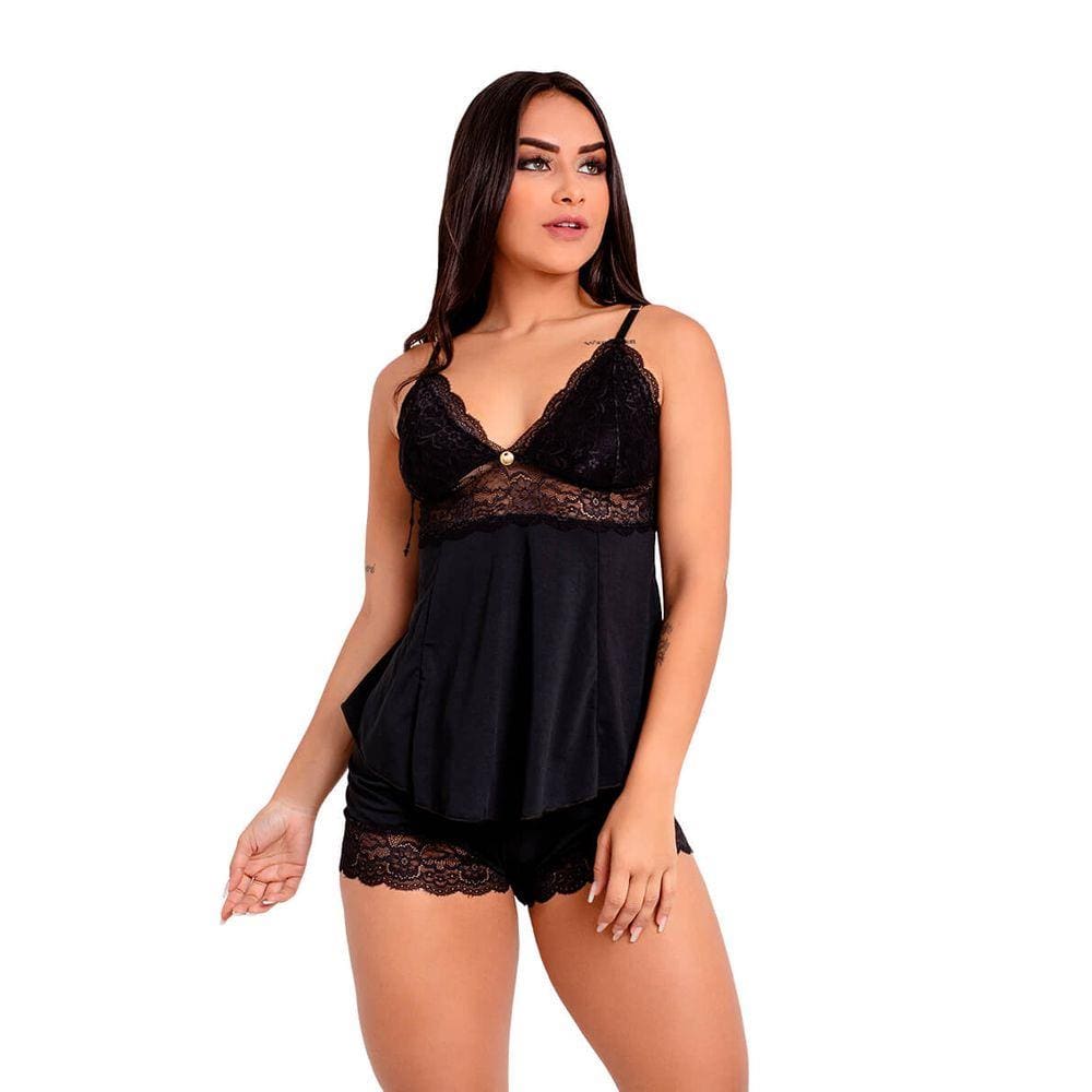 Pijama Short Doll Baby Doll IMI Lingerie Microfibra E Renda Hope Preto