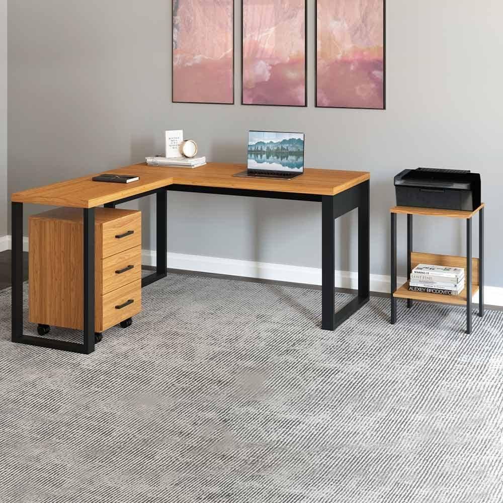 Mesa Para Escritório Em L Com Gaveteiro E Auxiliar Freijo Preto - Marrom