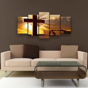Quadro Decorativo Mosaico 5 Peças Cruz Terço E Túmulo